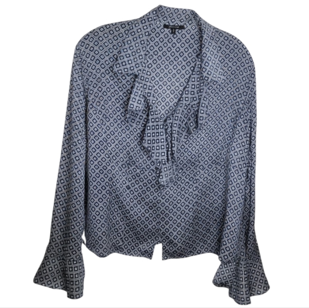 Anne Klein silk blouse women's size 16 geometric print ruffle v neck bell sleeve